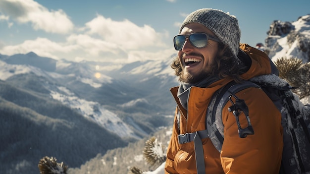 Photo randonnée hivernale sur une montagne enneigée, un jeune randonneur joyeux et heureux grimpe au sommet. paysage naturel. voyage d'hiver. conception ia