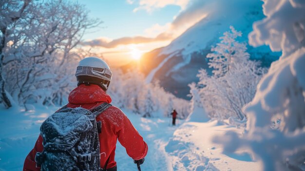 Une randonnée sur les montagnes enneigées au coucher du soleil