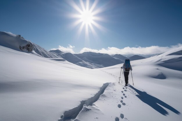 Randonnée en raquettes avec vue panoramique sur les montagnes enneigées et le ciel bleu créé avec l'IA générative