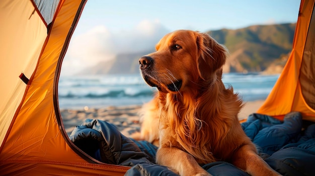 Une randonnée récréative active avec des animaux de compagnie Un chien Golden Retriever est assis près de l'entrée d'une tente dans un camp.