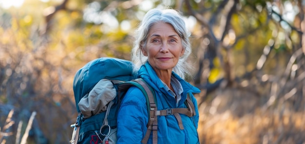 Un randonneur âgé apprécie le paysage d'automne à l'extérieur