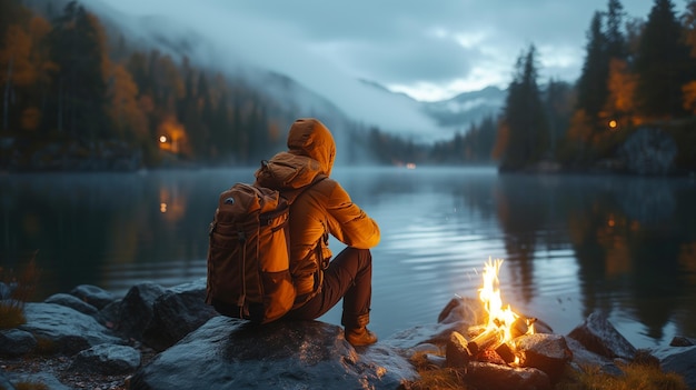Un randonneur contemplatif près d'un feu de camp au bord du lac au crépuscule