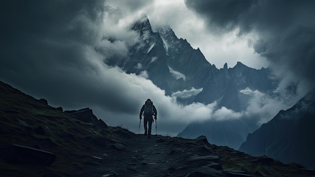 Randonneur sur la crête de Chamonix avec nuages d'orage et sentier de montagne