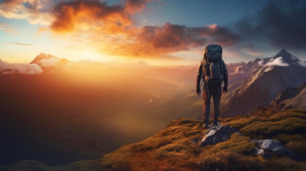 Un randonneur debout sur un sommet de montagne au coucher du soleil avec une vue panoramique sur la vallée