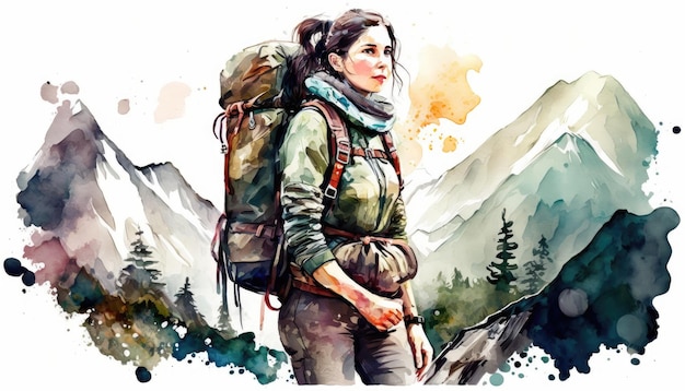 Randonneur femme avec sac à dos au sommet du style aquarelle de montagne Generative AI