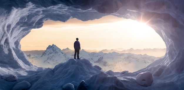 Randonneur homme aventureux debout dans une grotte de glace avec des montagnes rocheuses en arrière-plan