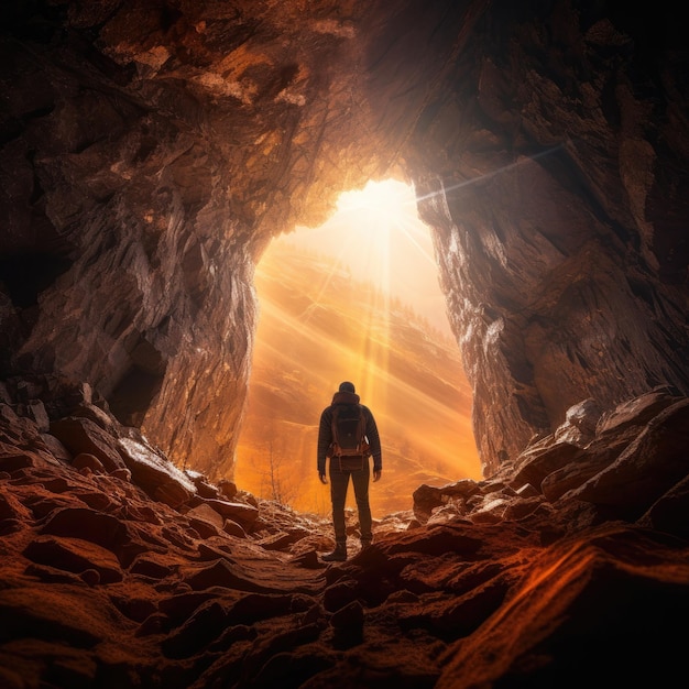 Randonneur homme aventureux debout dans une grotte avec des lumières dorées des montagnes Rocheuses Generative Ai