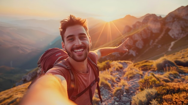 Un randonneur joyeux se faisant un selfie au lever du soleil sur le sommet d'une montagne, un voyage d'aventure, une expérience de la nature, un style de vie moderne, un randonneur heureux à l'extérieur, un thème de randonnée, une IA.