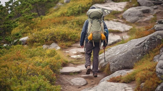 Un randonneur qui monte la route avec un sac Generative AI