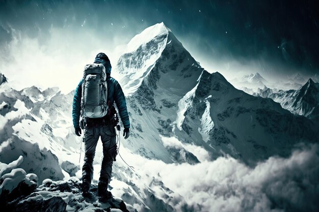 randonneur regardant une haute montagne couverte de neige