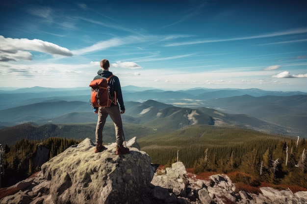 Randonneur s'arrêtant pour admirer la vue depuis un sommet de montagne créé avec une IA générative