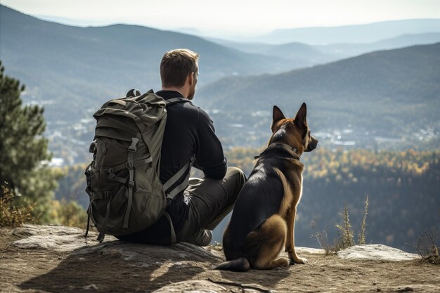 Photo randonneur avec sac à dos et chien explorant les montagnes ensemble voyage avec des animaux de compagnie concept