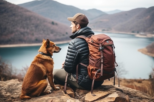 Photo un randonneur avec un sac à dos et un chien sur des sentiers de montagne pittoresques voyage avec un compagnon canin