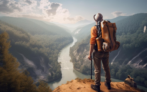 Randonneur avec sac à dos debout au sommet de la montagne et regardant la rivière Generative AI