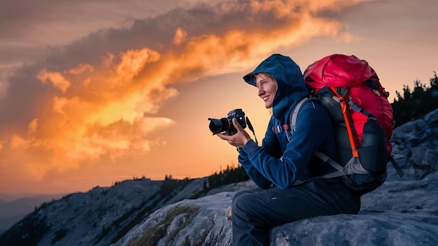 Un randonneur se détend sur la montagne avec une caméra et un coucher de soleil