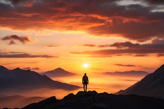 Un randonneur se tient au sommet d'une montagne et regarde le coucher de soleil Un homme au sommet de la montagne