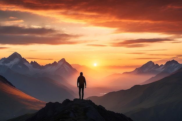 Un randonneur se tient au sommet d'une montagne et regarde le coucher de soleil Un homme au sommet de la montagne