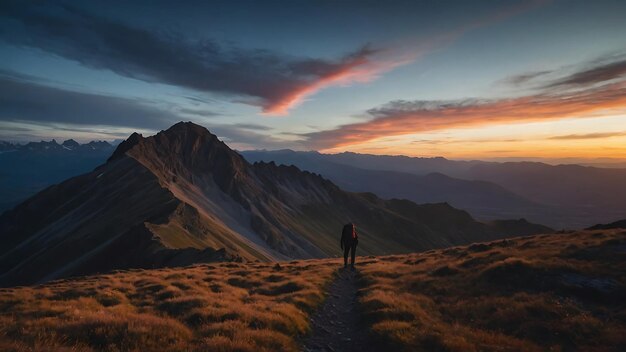 Un randonneur se tient au sommet d'une montagne et regarde le coucher de soleil Un homme au sommet de la montagne