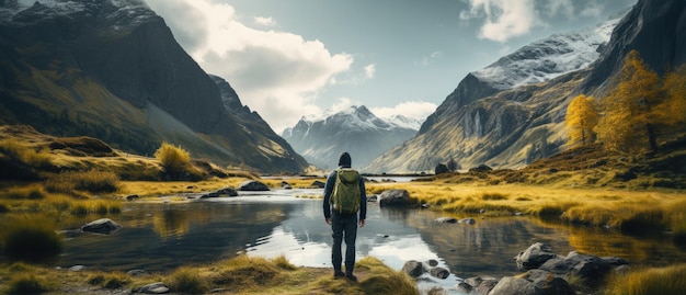 Un randonneur se tient devant un lac en arrière de la caméra en regardant le beau paysage