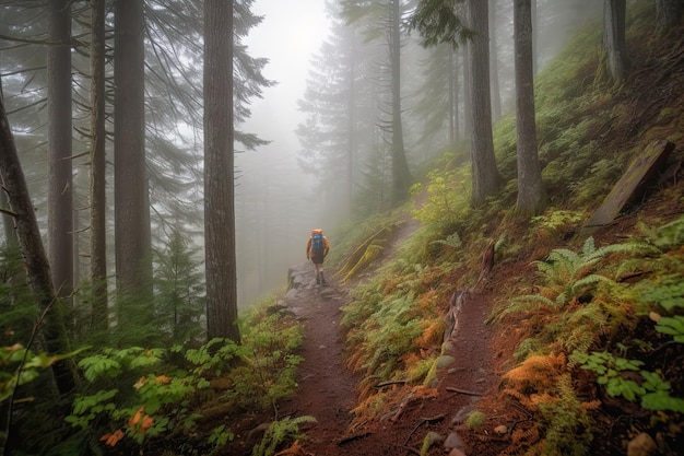 Randonneur sur un sentier brumeux entouré d'arbres imposants créés avec une IA générative