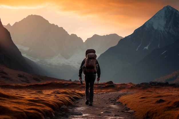 Un randonneur solitaire avec un sac à dos marche sur un sentier de montagne au coucher du soleil