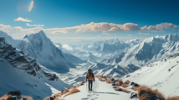 Photo un randonneur solitaire traverse un paysage montagneux enneigé