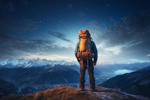 Un randonneur sur les sommets, des paysages de montagne, des vues sereines, de l'exploration, de la conquête.