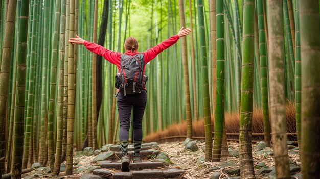 Un randonneur touriste se promène dans une forêt naturelle de bambou Journée internationale de l'environnement