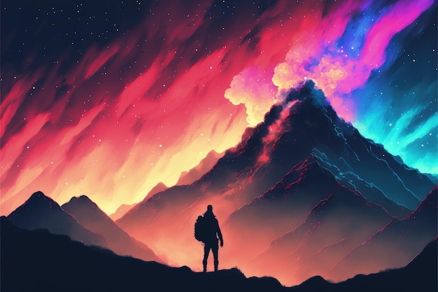 Randonneur transportant un sac à dos en admirant les montagnes et les aurores colorées dans un paysage nocturne Concept fantastique Peinture d'illustration AI générative