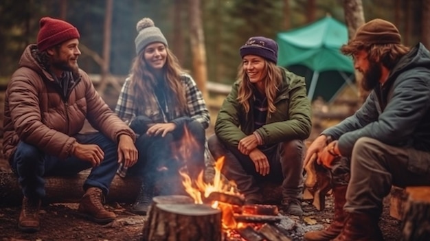 Randonneurs amicaux discutant tout en se relaxant au coin du feu dans leur camping AI générative et camping