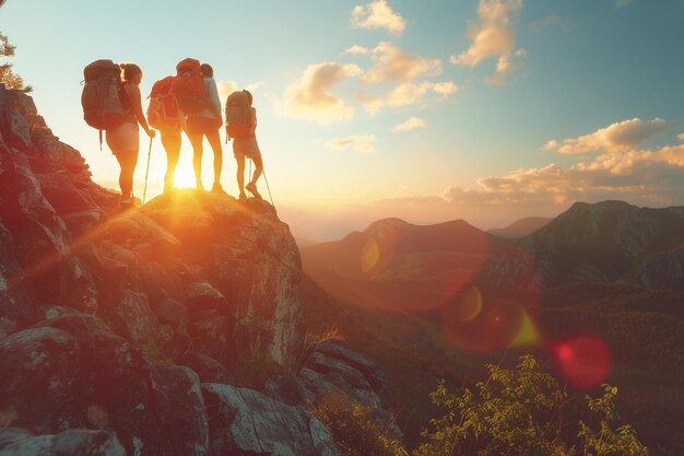 Des randonneurs au sommet d'une montagne au coucher du soleil avec une IA générée