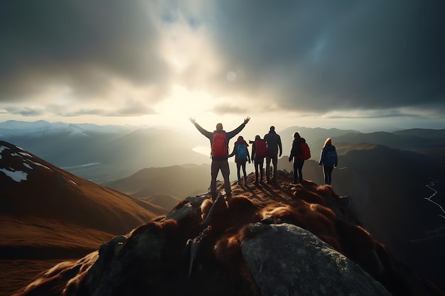 Des randonneurs au sommet de la montagne au lever du soleil Concept de voyage et d'aventure