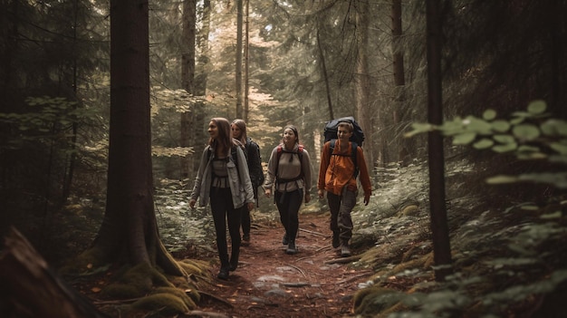 Randonneurs aventureux marchant dans la forêt avec des sacs à dos Generative AI