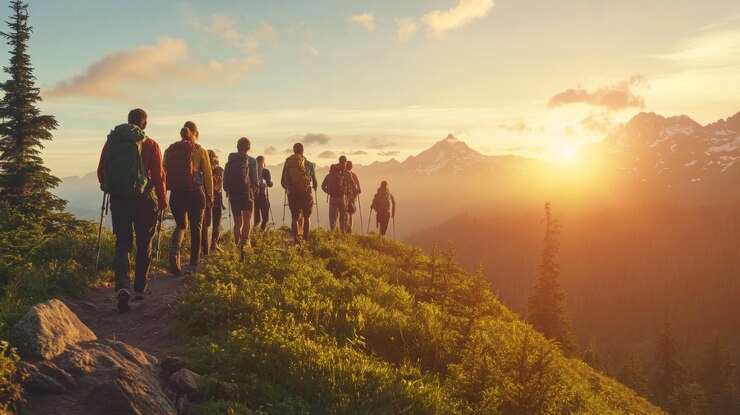 Photo des randonneurs sur une crête au coucher du soleil