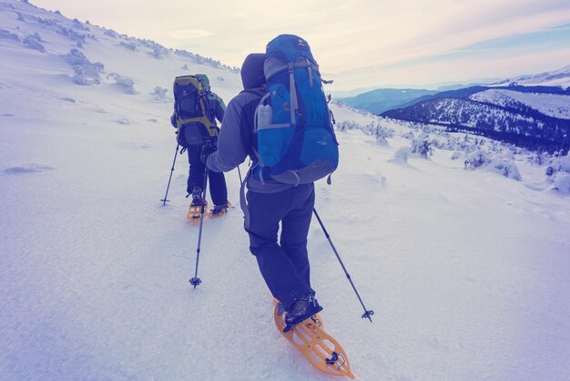 Randonneurs dans les montagnes d'hiver