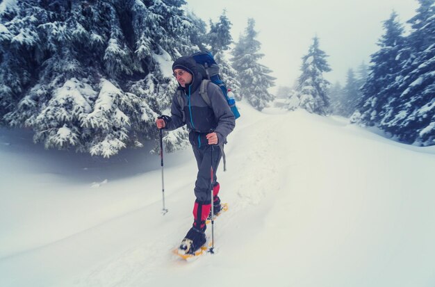 Randonneurs dans les montagnes d'hiver