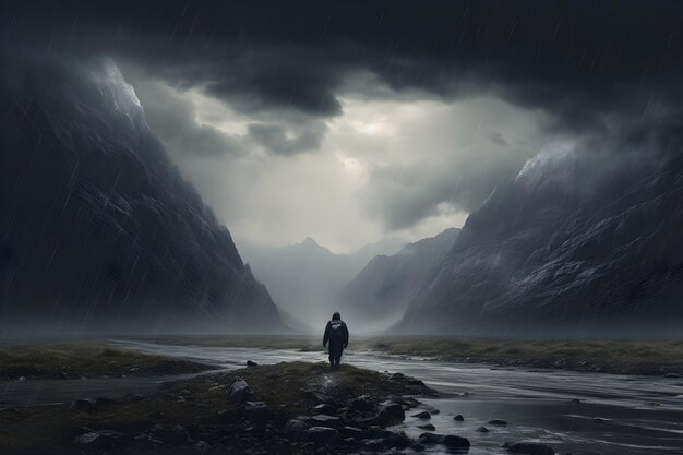 Photo randonneurs dans une tempête sombre au milieu de l'espace de copie de la vallée