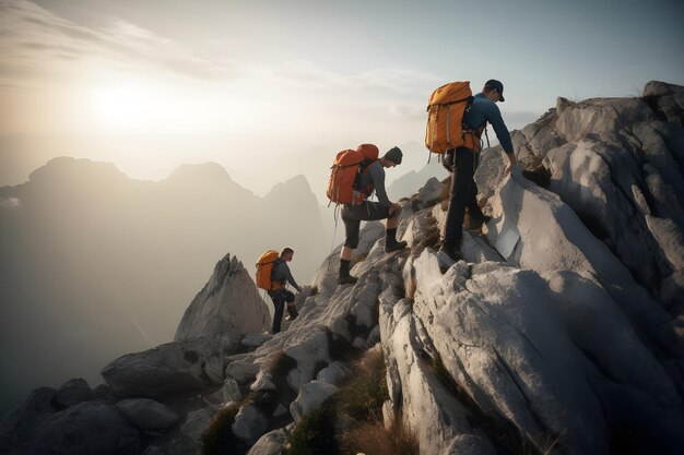 Randonneurs grimpant sur la montagne Aider le concept de risque et de soutien Image générée par le réseau de neurones