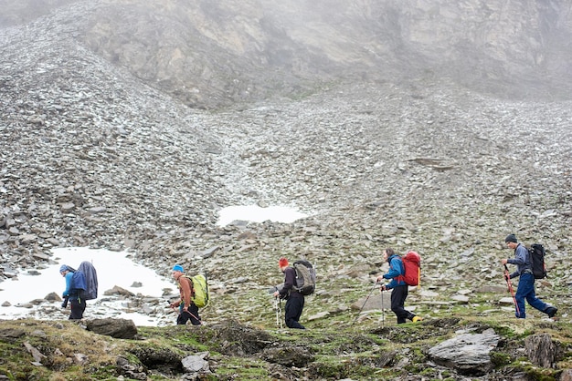 Randonneurs masculins marchant sur le chemin de montagne