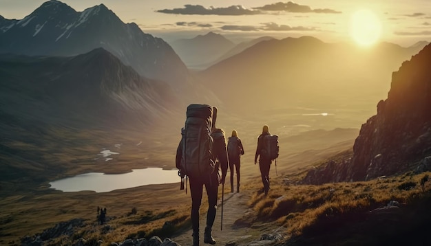 Des randonneurs portant de grands sacs à dos traversent les montagnes au coucher du soleil Generative AI