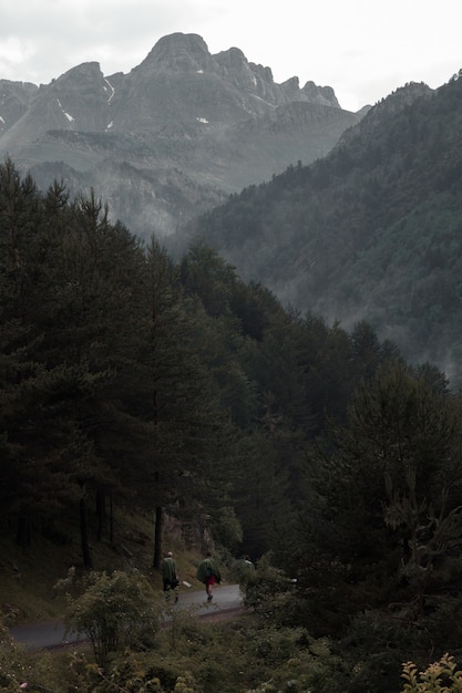 Randonneurs sur une route de montagne un jour de pluie