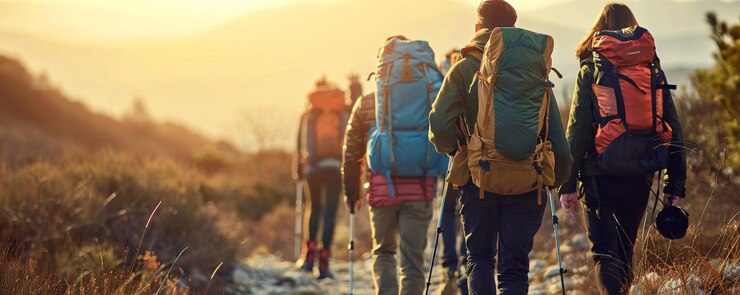 Photo des randonneurs s'éloignent de la caméra sur un sentier de montagne au coucher du soleil