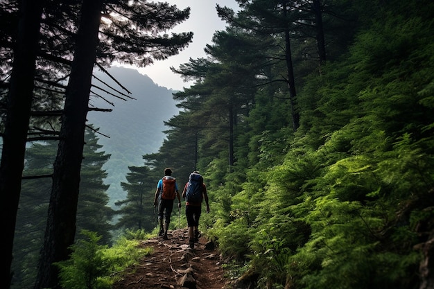 Des randonneurs à travers une forêt d'arbres imposants