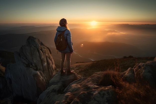 Une randonneuse abstraite se tient au sommet d'une ascension difficile pour être accueillie avec une belle vue sur le lever du soleil Generative ai Publicité style de photographie