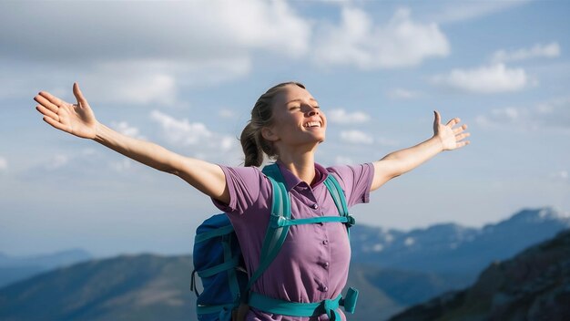 Une randonneuse avec les bras tendus appréciant l'air frais contre le ciel