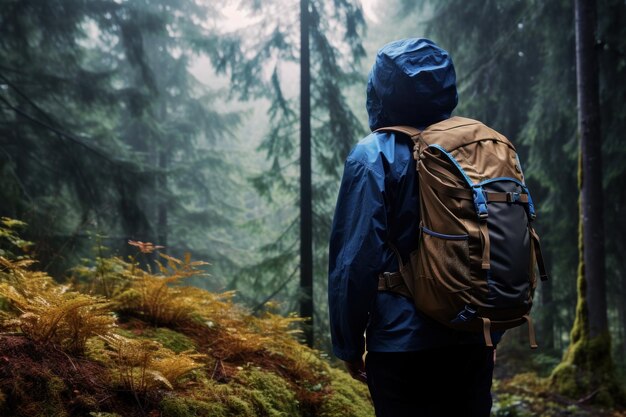 une randonneuse féminine avec un sac à dos de camping fait de la randonnée le long d'un sentier de randonnée en automne contre