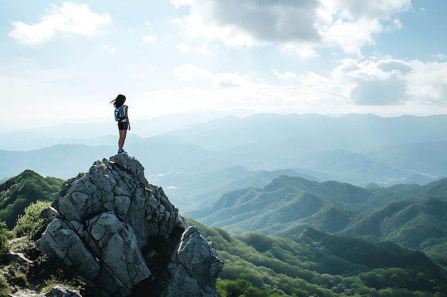 Une randonneuse solitaire au sommet d'une montagne