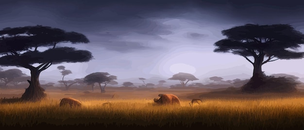 Rangée d'acacias africains contre le ciel crépusculaire Paysage de bannière d'illustration vectorielle Silhouette de packs dans la tour