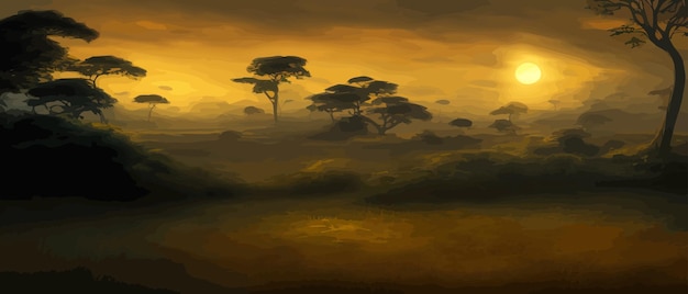 Rangée d'acacias africains contre le ciel crépusculaire Paysage de bannière d'illustration vectorielle Silhouette de packs dans la tour