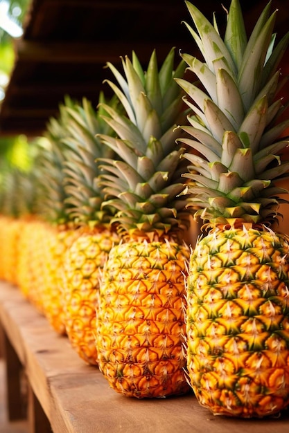 une rangée d'ananas assis sur une table en bois